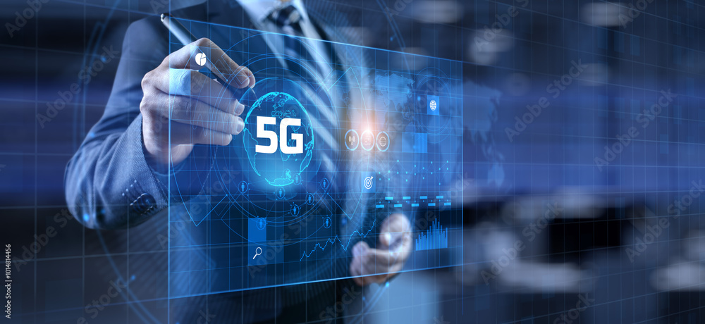 Poster 5g high-speed internet connection concept. businessman pressing button on screen.