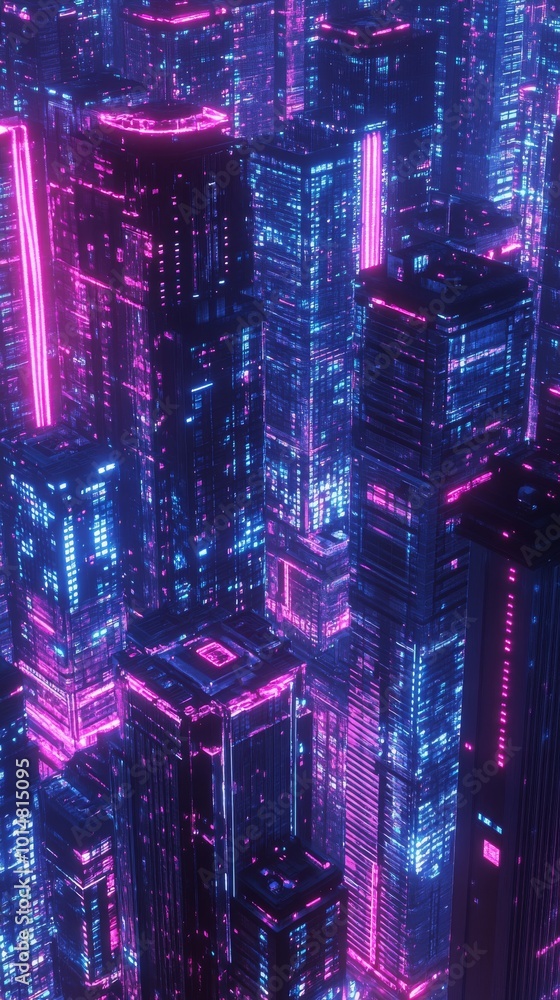 Poster repetitive layout of synthwave-inspired skyscrapers with a retro-futuristic design, creating a patte