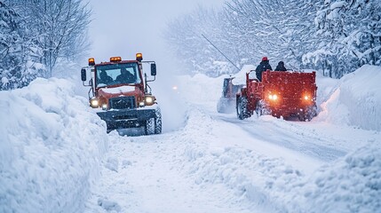 Snow emergency vehicles clearing a snowed-in highway, rescuing stranded drivers, and providing aid to isolated communities after a massive snowstorm