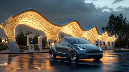 Obraz premium Electric car charging at a futuristic charging station with clean lines and a sleek design