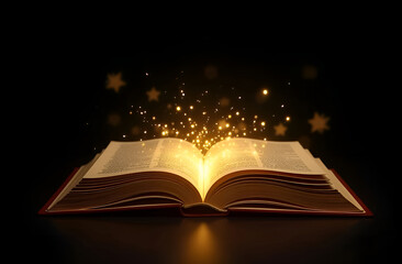 Magic open book emitting golden light, mystical library. The unearthly atmosphere suggests hidden knowledge.