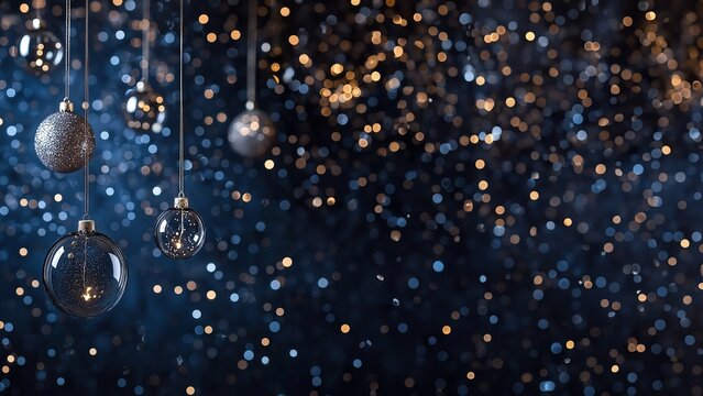 Eleganter blauer Weihnachtshintergrund: Gl&auml;nzende Kugeln und funkelnder Glitzer. Festliche Atmosph&auml;re in k&uuml;hlem Farbton. Perfekt f&uuml;r Gru&szlig;karten und Winterdesigns