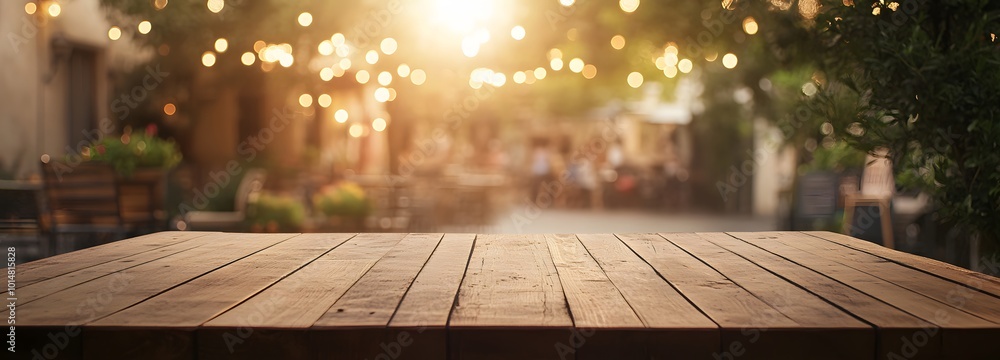 Aufkleber 4. **charming outdoor vibes:** visualize an empty brown wooden table with a beautiful bokeh effect i