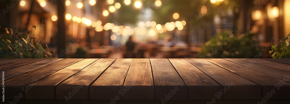 Poster 3. **evening glow:** depict an empty wooden table at dusk, softly illuminated by enchanting bokeh li