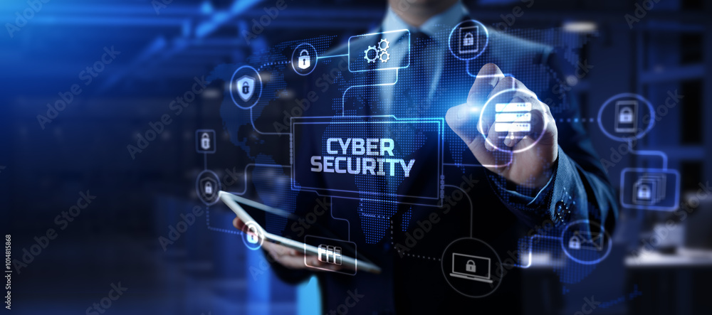Poster cyber security access control data protection personal information privacy concept. businessman pres