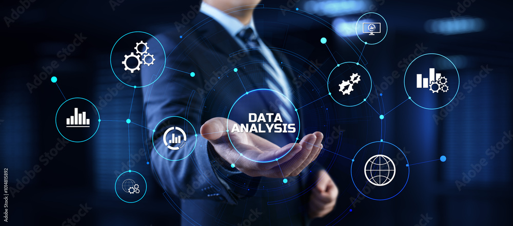 Poster businessman pressing virtual button data analysis text on screen.