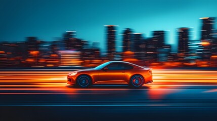 Car with a futuristic cityscape in the background, featuring glowing lights and modern buildings