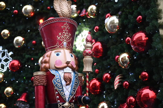 Traditional Christmas holiday nutcrackers figurine ornament. Wooden nutcracker is the image of authorities from the past such as kings, soldiers and gendarmes kharkiv ukraine 2022