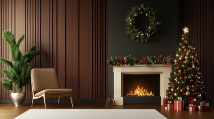 Holiday able with christmas tree and fireplace. with copy space