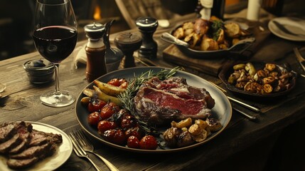 Gourmet Dinner Setting with Steak and Wine
