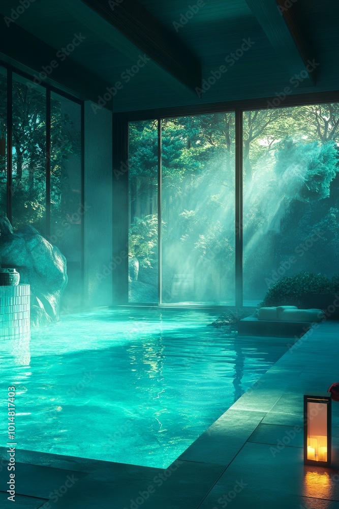 Poster a pool with a view of trees and a light shining through the window. scene is peaceful and relaxing