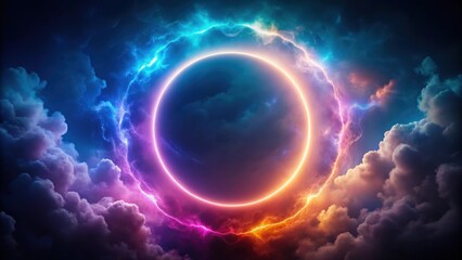 Obraz premium Colorful neon ring glowing inside stormy cloud on dark sky, abstract background, render, neon, ring, glowing, stormy