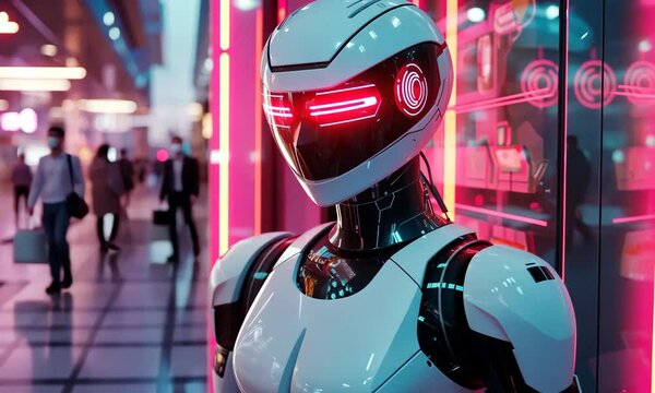 未来のショッピングモールに配置された人型アンドロイドの警備員が周囲を観察している