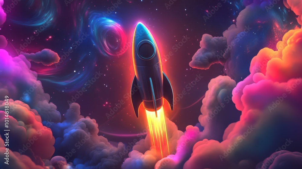 Leinwandbilder a rocket ascends into a bright cosmic scene, surrounded by colorful clouds and shimmering stars. the