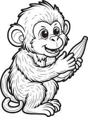 This is a fun coloring page for kids featuring a cute monkey eating a banana. Cartoon coloring page illustration vector. 
