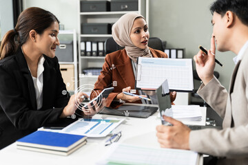 Business team meeting present.professional investor working with new startup project. Finance managers task.Digital tablet laptop computer design smart phone in morning light.