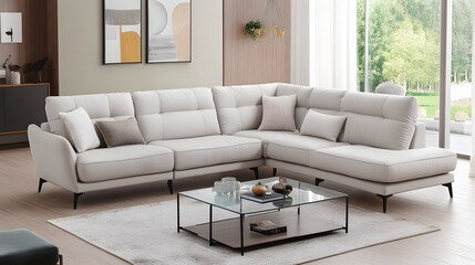 Illustration of a living room featuring a modern minimalist sofa with clean lines in soft gray. Above it, there is a bright abstract artwork that creates a dynamic contrast to the neutral palette 