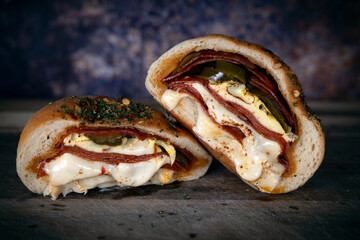 Warm melting pizza roll, hot pocket, or pepperoni roll. Melting cheese and meat with spicy peppers...