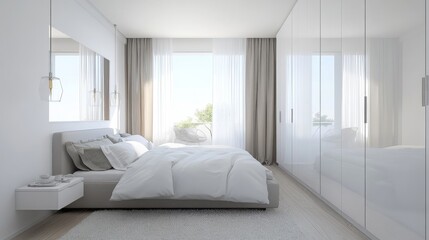 This serene bedroom features a comfortable bed adorned with plush pillows and a soft duvet. Large windows allow natural light to fill the space, enhancing the minimalist decor and tranquility.