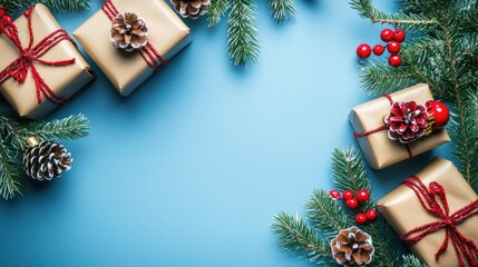 Merry Christmas and Happy Holidays greeting card, frame, banner. New Year. Noel. Christmas ornaments and gift on blue background top view. Winter xmas holiday theme. Flat lay