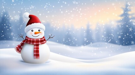 Fototapeta premium Merry christmas and happy new year greeting card with copy-space.Happy snowman standing in christmas landscape.Snow background.Winter fairytale.