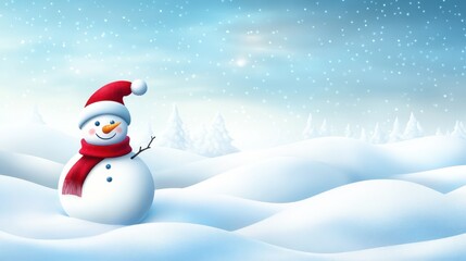 Fototapeta premium Merry christmas and happy new year greeting card with copy-space.Happy snowman standing in christmas landscape.Snow background.Winter fairytale.