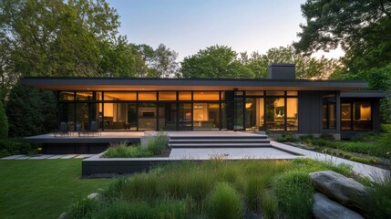 Modern House Design with Lush Surroundings at Dusk