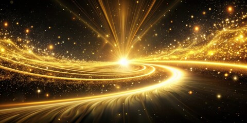 Abstract cosmic background with yellow gold light trails resembling a hyper jump into another galaxy, yellow, gold