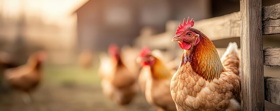A lively hen standing proudly in a rustic farmyard. The warm light creates a serene atmosphere on a beautiful day.