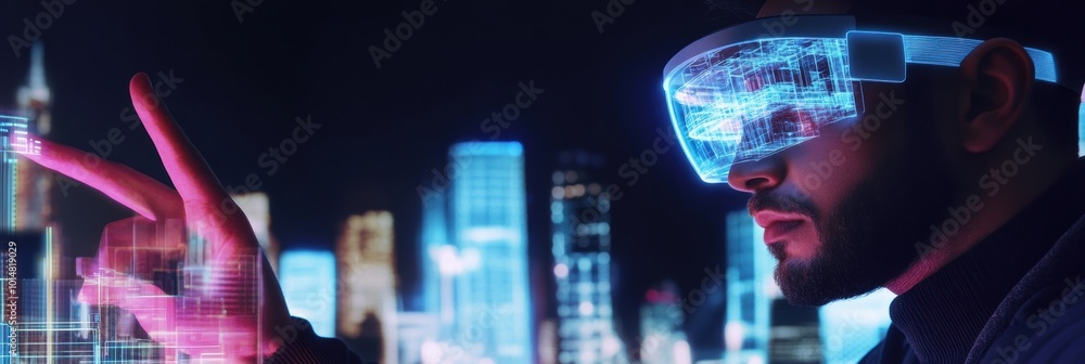 Poster An augmented reality architect designs futuristic buildings in a high-tech cityscape using AR glasses at night. Generative AI