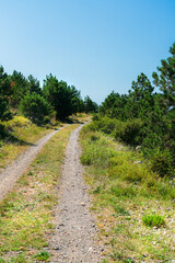 Unpaved road under blue sky through the hilly landscape of the Croatian Mountains.
