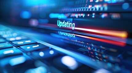 Close-up of computer screen showing software update progress bar with "Updating" text, keyboard and mouse visible in blurred background, modern technology and digital transformation concept.
