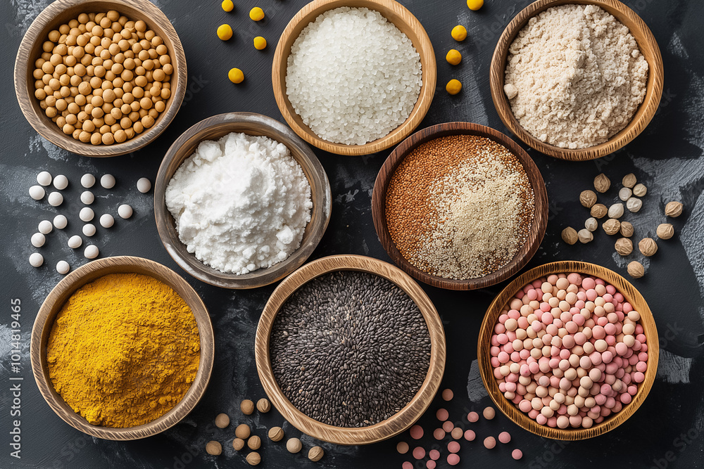Poster a diverse array of spices and seasonings is neatly displayed in wooden bowls, providing a colorful a