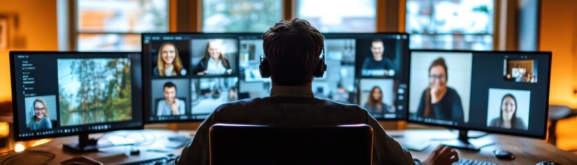 Fototapeta premium A person engaged in a virtual meeting with multiple screens showcasing participants, highlighting modern remote communication.