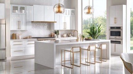 A contemporary kitchen features sleek white cabinetry and gold accents, illuminated by stylish pendant lights above a large island
