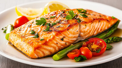 Fried salmon steak with cooked green asparagus, cherry tomatoes and lemon slices served on white plate on wooden table.