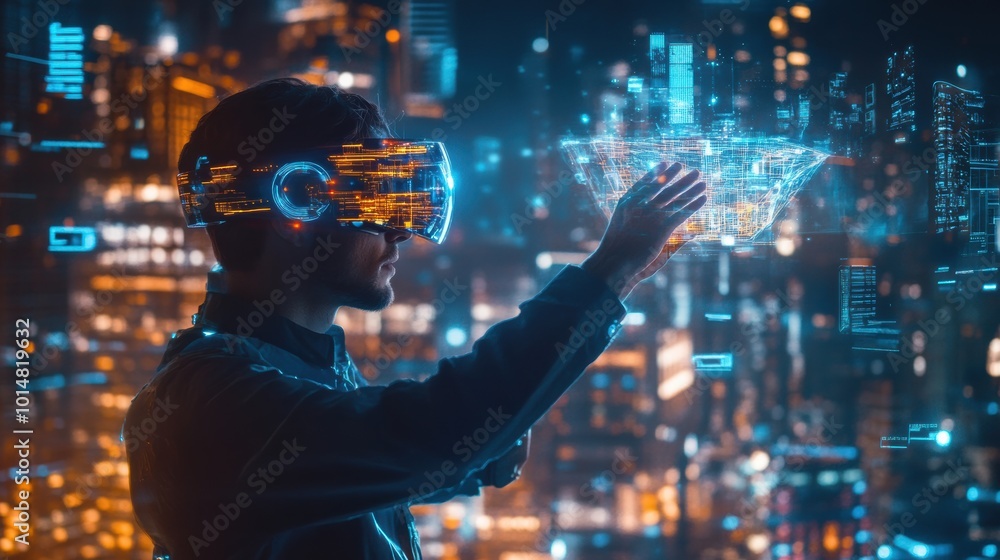Poster an augmented reality architect designs glowing buildings in a futuristic cityscape using ar glasses 