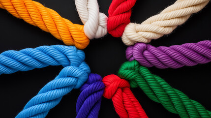 Team rope diverse strength connect partnership together teamwork unity communicate support. Strong diverse network rope team concept integrate braid color background cooperation empower power