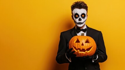 Photo of scary dead man on halloween wearing classical suit and creepy makeup holding carved pumpkin, isolated over yellow background