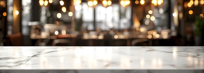 Fototapeta premium 3. **Warm Cafe Ambiance:** Depict an empty white marble stone table top surrounded by cozy cafe decor and inviting lighting. The abstract background captures the essence of a bustling restaurant,