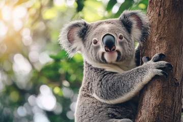 Close-up of a gray koala sitting on a tree