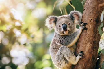 Obraz premium Close-up of a gray koala sitting on a tree