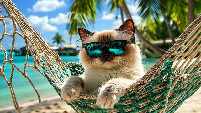 A cat wearing sunglasses relaxes in a hammock on the beach