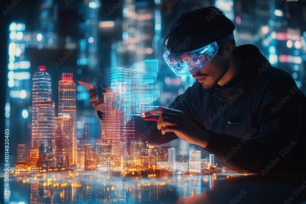 Leinwandbilder An augmented reality architect designing futuristic buildings in a high-tech urban cityscape with virtual projections at night. Generative AI