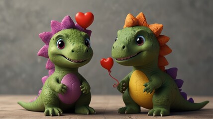 Fototapeta premium Two cute cartoon dinosaurs holding hearts.