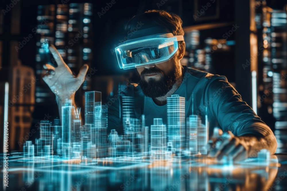 Aufkleber An architect uses augmented reality to design futuristic buildings in a vibrant urban environment with innovative technology. Generative AI