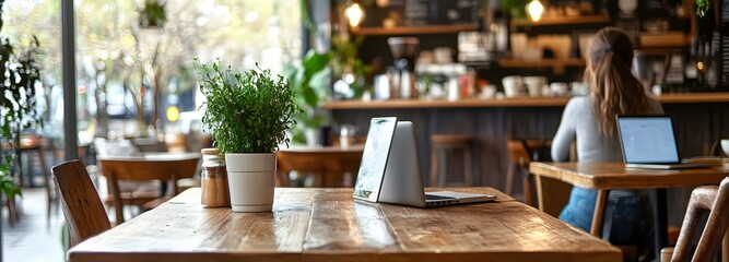 Fototapeta premium 2. **Chic Cafe Setup:** Illustrate a wooden table set for product placement in a trendy cafe environment. The background features a female customer enjoying her coffee while working on a laptop,