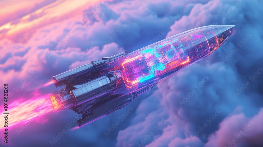 Poster a sleek rocket ascends into the sky, leaving behind a vivid trail of light. the clouds illuminate in
