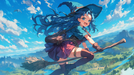 young anime witch with bright blue hair and vibrant outfit, soaring through sky on broomstick with cheerful expression.