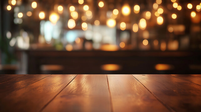 Polished wooden table with bokeh lights in cozy interior. Warm ambient lighting background for restaurant, café, or bar design. Rustic wooden surface with glowing blurred lights for product display